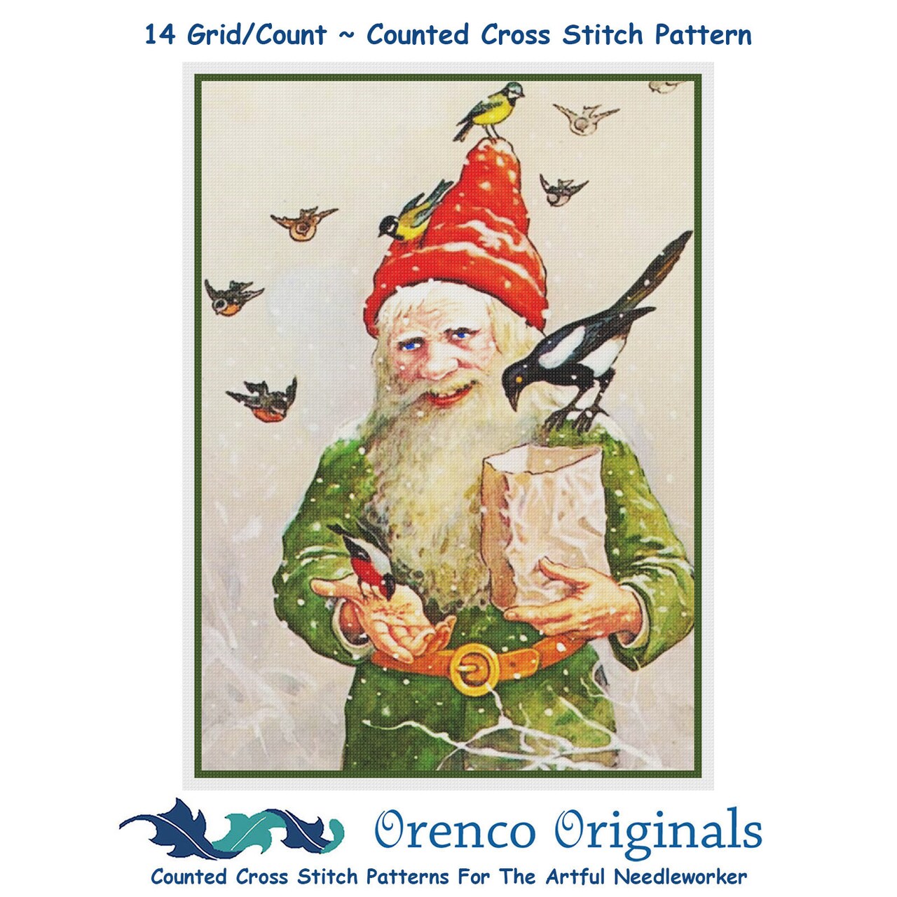 Elf Gnome Feeding the Birds Jenny Nystrom Counted Cross Stitch Pattern